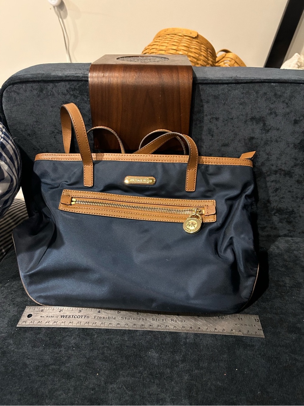 Michael Kors Navy and Brown Leather-Trim Tote